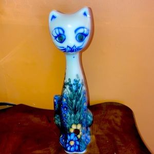 Mexican Talavera Pottery Signed 8” Long Neck Cat